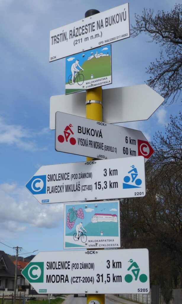 Cycle route signs in Trstín, Slovakia